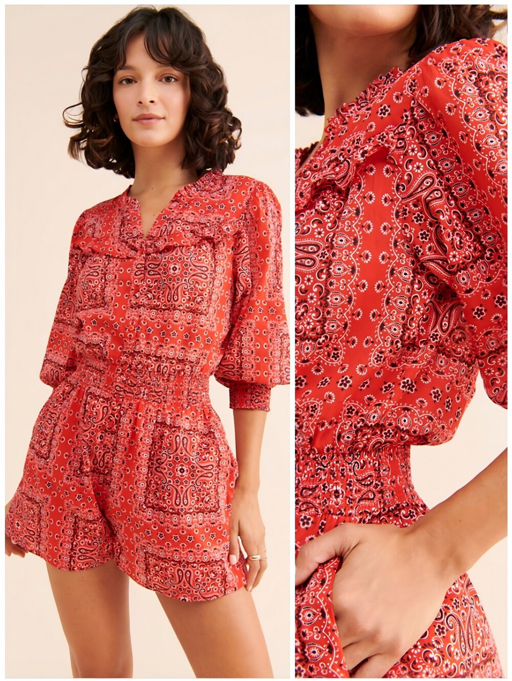 Du Paradis Bandana Print Ruffle Red Black Romper, M